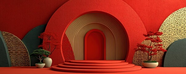 Dramatic red stage with concentric arch doorway, decorative bonsai, and bold geometric design for a striking visual scene