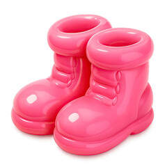 Vibrant, playful, and wonderfully whimsical: a pair of brilliantly rendered 3D cartoon-style inflatable-looking bright pink boots with a glossy finish and chunky design, standing out against a glowing