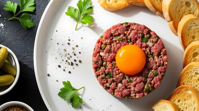 A plate of steak tartare with egg yolk and toast points on a dark background view