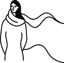 Woman with Long Flowing Scarf in Desert Line Art Illustration on Transparent Background