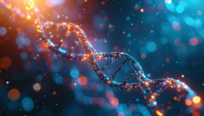 DNA Helix Abstract: A luminous strand of DNA, a symbol of life, glows against a backdrop of vibrant colors and bokeh, conveying the intricate beauty of genetics and biological science.