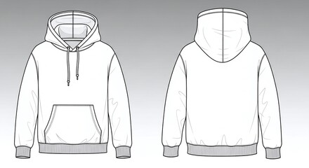 Front and back view of a white hoodie with drawstrings and a front pocket, isolated on white background