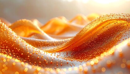 Abstract, undulating amber waves with golden highlights and scattered particles