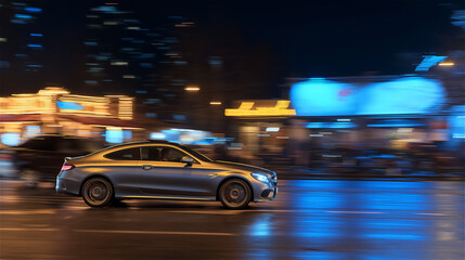 Fototapeta premium Night city street with blurred motion of fast car and colorful lights, concept of speed, urban life and modern technology.
