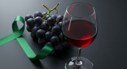 Elegant glass of red wine with ripe grapes and a green ribbon creates a sophisticated mood for restaurants, vineyards, and lifestyle promotions