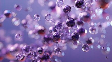 Close-up abstract of spherical nodes linked with translucent connectors on purple bokeh