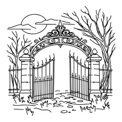 Mystical Gothic gate drawn by hand in line art style.