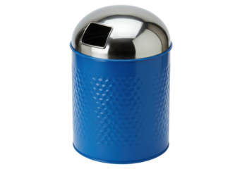 Isolated blue metal trash can with silver lid suitable for office or household waste disposal
