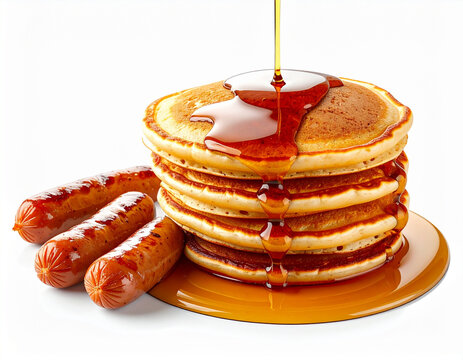 Pancakes and syrup, with a side of American sausage links, white studio background. AI
