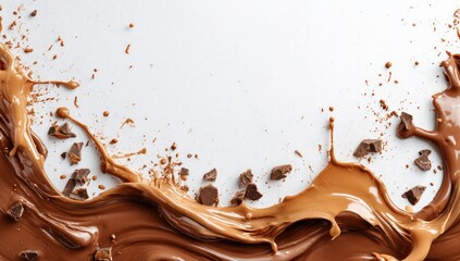 Fototapeta premium A smooth, brown chocolate wave splashes across a white background, with scattered chunks