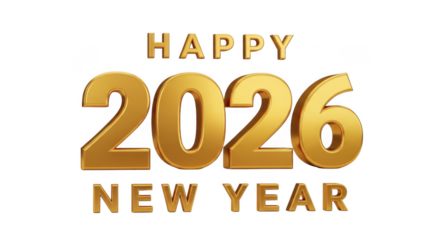 Happy new year 2026 text with golden 3d numbers isolated on transparent background