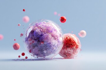 Abstract rendering of floating translucent spheres containing colorful, textured matter on light blue