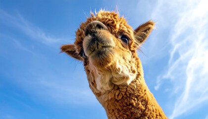 Fototapeta premium A close-up shot of a fluffy, light-brown alpaca looking upwards towards a bright blue sky with wispy clouds