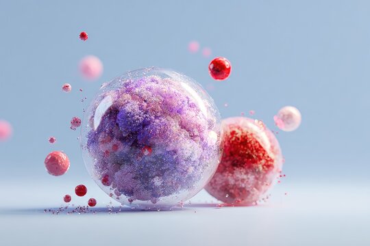 Abstract rendering of floating translucent spheres containing colorful, textured matter on light blue