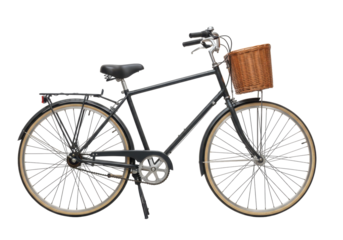 Isolated traditional black bicycle with wicker basket for shopping, on neutral background