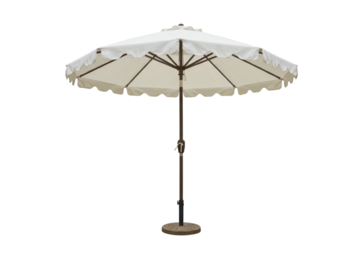 Isolated outdoor umbrella with scalloped edges on a patio stand is ready for summer