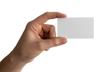 Hand holding a blank white business card isolated on white background