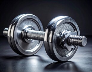 A close-up shot of a gleaming, chrome-plated dumbbell on a dark, reflective surface, emphasizing the equipment's metallic texture