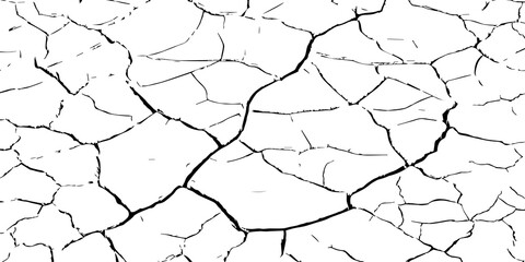 Cracked dry earth texture in black and white. Vector illustration symbolizing drought, climate change, and desertification. Ideal for environmental, nature, and abstract design backgrounds.