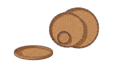 Set of traditional woven bamboo trays, showcasing diverse sizes and natural handcrafted textures, perfect for rustic decor, serving, or cultural display