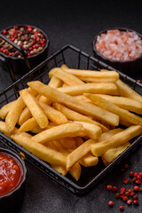 French fries are salty, crispy, and fried in oil, unhealthy takeaway food. French fries