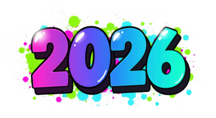 Graffiti style 2026 numbers with colorful paint splatters, isolated on transparent background
