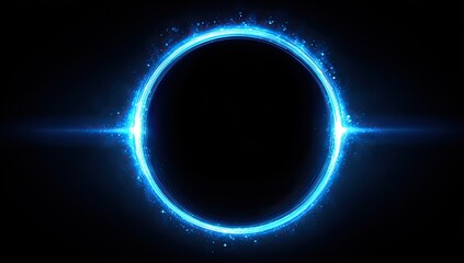 Glowing blue circular light with particles emanates from a dark black void