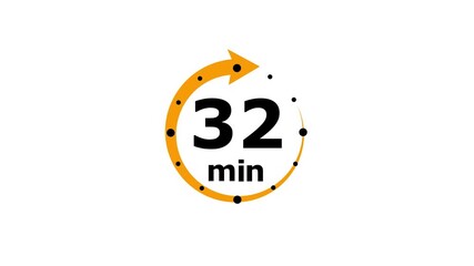 32 minute timer symbol, isolated on transparent white background with alpha channel. 32 min time circle icon .Animation timer icon with 32 min Clock, stopwatch, cooking time label ,arrow orange color.