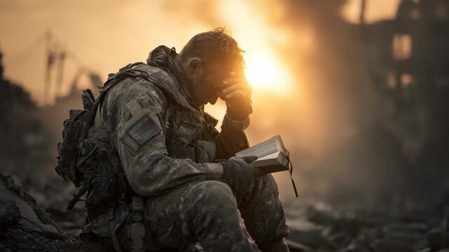 Soldier in a war zone reads a book, seeking solace amidst destruction.