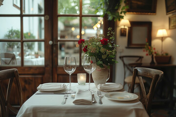 A charming dining setup features an elegant table with white linens, wine glasses, and a lovely flower arrangement, all inside a warm and inviting restaurant atmosphere