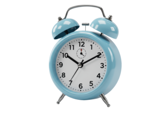 Isolated blue retro twin bell alarm clock showing 10 minutes past seven, time concept close-up