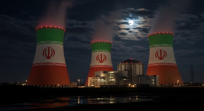 Ai Generated Dramatic nuclear power plant towers feature Iranian flag under dark moonlit sky at night for industrial solutions