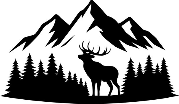Majestic Elk Silhouette Vector with Mountains and Pine Trees in Minimalist Black and White Design