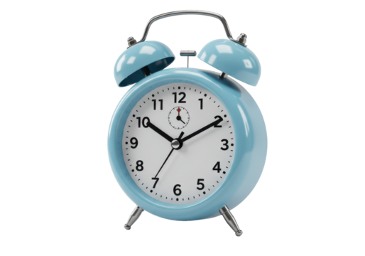 Isolated blue retro twin bell alarm clock showing 10 minutes past seven, time concept close-up