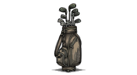 Detailed graphic illustration of a vintage golf bag packed with a complete array of clubs for the classic game