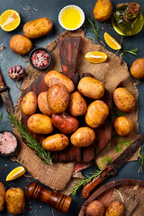 Background Cooking dishes from potatoes. Fresh potatoes, kitchen cutting board, knife and spices. On a wooden background. Free space for text.