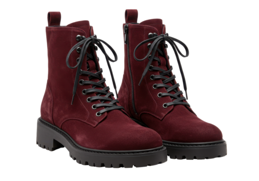 Isolated Pair of Burgundy Suede Leather Ankle Boots for Fall Fashion, Side Zipper and Laces