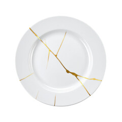 Broken ceramic plate repaired with golden lacquer, symbolizing resilience and beauty in imperfection.