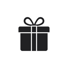A simple, black and white illustration of a wrapped gift box with a bow.