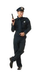 Young policeman in uniform with gun on white background