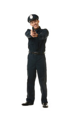 Young policeman in uniform with gun on white background