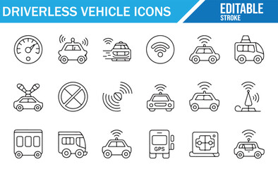 Driverless Car Icons Set Featuring Transport, Radar, and Wifi Elements
