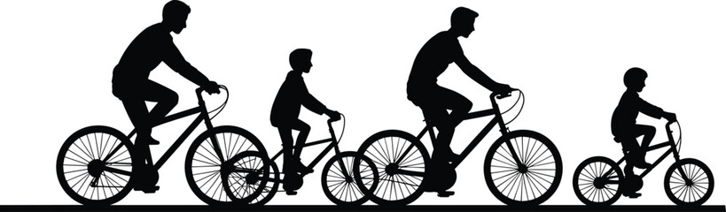 Family cycling silhouettes, father and children riding bicycles together, outdoor healthy lifestyle, black vector illustration of family recreation and fitness activity scene