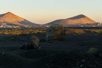 sunset in the volcano landscape of Timanfaya in Lanzarote