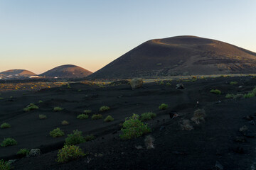 sunset in the volcano landscape of Timanfaya in Lanzarote