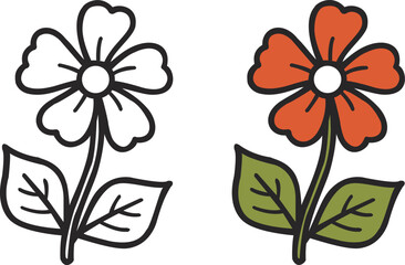 Simple Flower Illustration — Minimal Line Art and Colored Floral Design Vector. Resize and Editable, EPS 10.