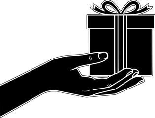 A minimalist black and white vector illustration of a hand holding a gift box 