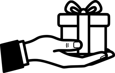 A minimalist black and white vector illustration of a hand holding a gift box 