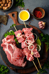 Kebab with spices and herbs, pork meat set, on gray stone table background. Close up.