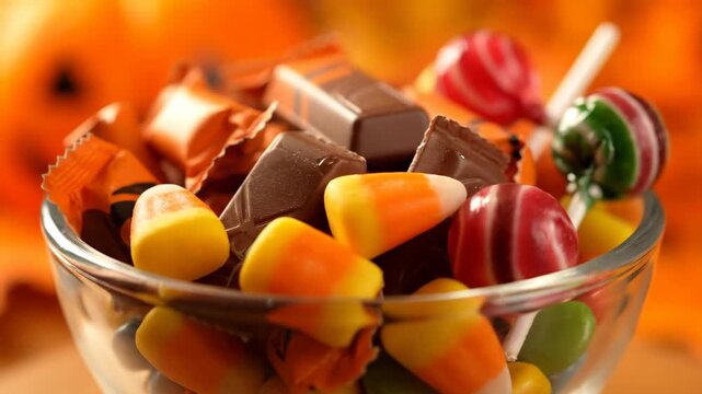 Colorful Halloween Candy in Bowl with Pumpkin Decorations Nearby